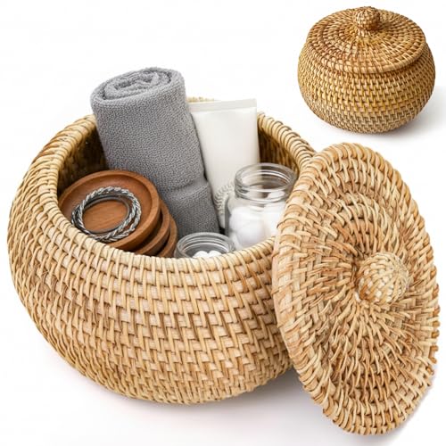 Elyebxj Panier en Osier avec Couvercle, Petit Panier Rond en Osier, Organisateur décoratif de Bol en rotin Polyvalent pour étagère, Maison, décoration de...