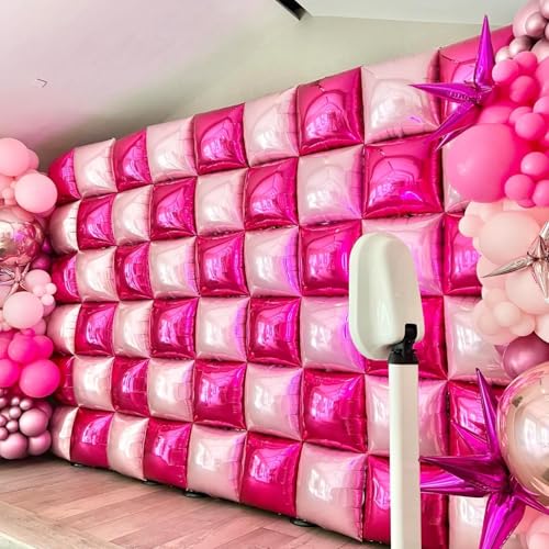 Image of Hot Pink and Rose Double Sided Square Foil Balloons Wall,19 Inches Pink Metallic Foil Balloons Tunnel Arch Kit for Girls Bachelorette,Wedding,Anniversary,Mothers Day Party Background Decorations