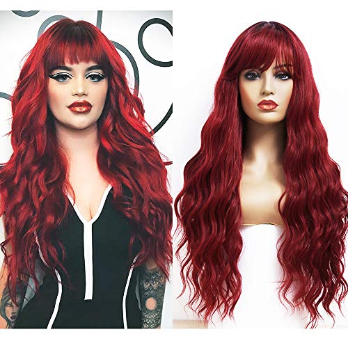 ANDRIA Ombre Wine Red Wigs Natural Wave Wig with Bangs Burgundy Synthetic Wig Dark Roots Brown Wig Synthetic Long Wavy Loose Curly Wig Heat Resistant Fiber 24 Inches Cosplay Party Wigs for Women