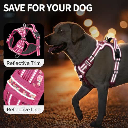 Image of HEELE No Pull Large Dog Harness, Soft Breathable Padded Vest, Flower Rose L | Reflective Front Clip Vest with Control Handle, No Choke, Adjustable 2 Metal Rings for Outdoor Walking Training