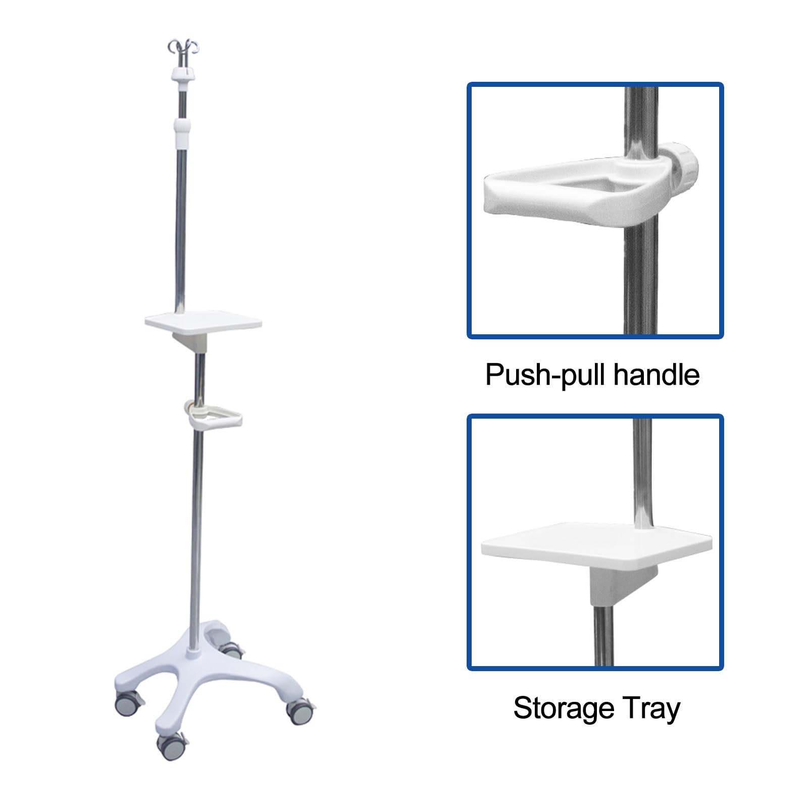 Asta Portaflebo con Ruote, Asta Portaflebo in Acciaio Inox Portatile, 4 Ganci, Altezza Regolabile, Adatta for Ospedale, Casa
