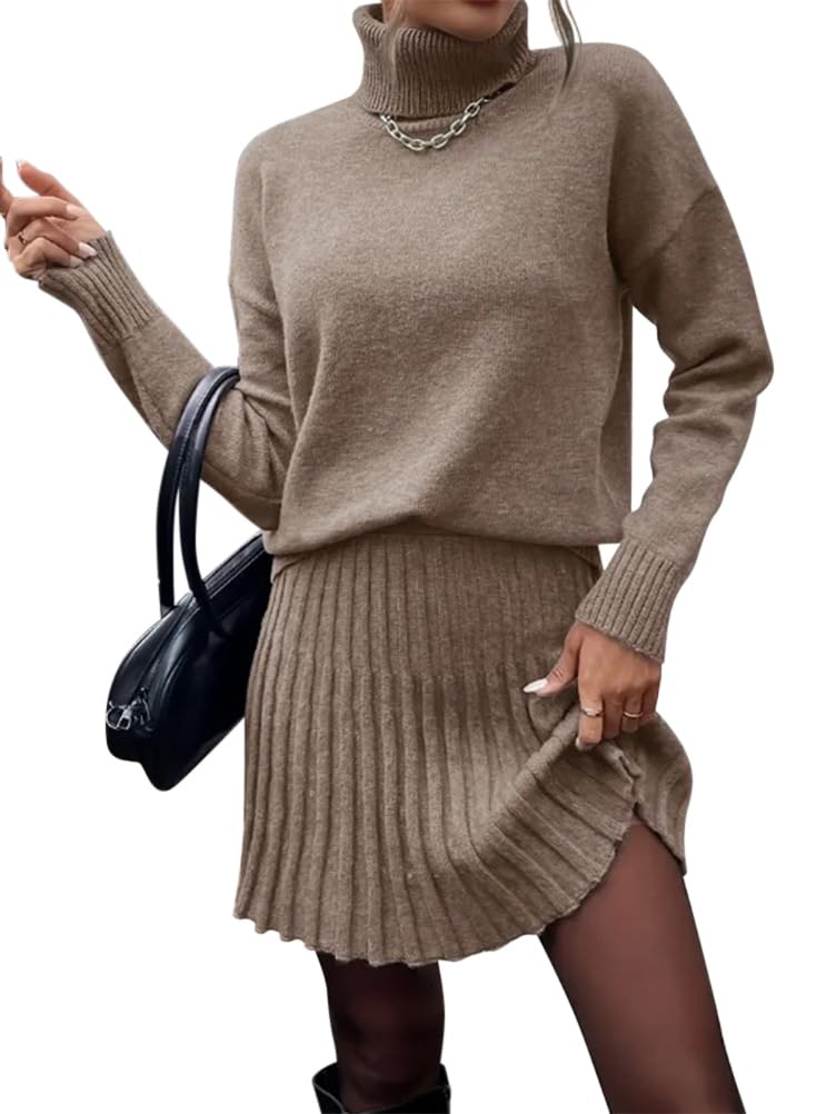 shownicer Strickanzug Zweiteiliger Damen Rollkragen Pullover und Mini Strickrock 2 Stück Set Warm Einfarbig Anzug