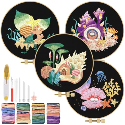Image of TINDTOP 4 Pack Embroidery Kit for Adult, Embroidery DIY Starter Kit | with Ocean Shell Stamped Patterns, Hoop, Tools, Colorful Threads with Needles, Instructions
