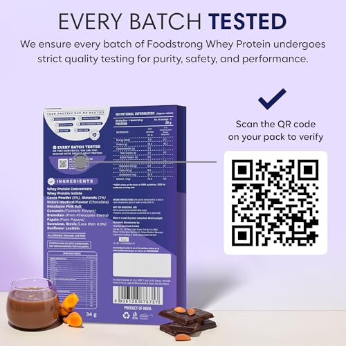 Image of Foodstrong Whey Protein Powder (Concentrate + Isolate), 100% Hormone Free Grass-Fed Whey, 26G Protein & 6.6G BCAA, Chocolate Almond, With Turmeric & Digestive Enzymes, Single Serve Sachet, 34G