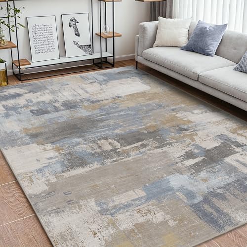 Area Rugs 8x10 for Living Room Bedroom, Modern Abstract Machine Washable Large Soft Greyish Blue Rug, Low Pile Floor Carpet with Non Slip Backing for Dining Room, Coastal Dusk