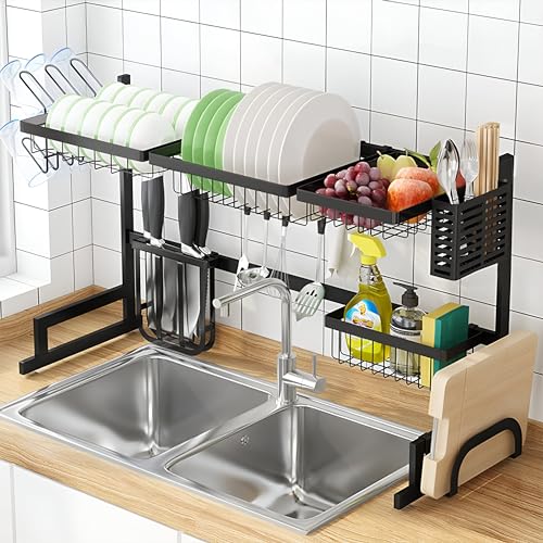 JUPPLIES Escurreplatos con Soporte para Utensilios y Tabla de Cortar - Escurridor de Platos de 2 Niveles para Fregadero Estante de Secado de Platos 85x30x52,5 cm Negro