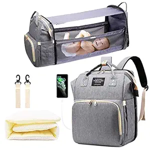 Diaper Bag with Changing Station, Baby Bag, Diaper Bag Backpack, Baby Bag with Built-in USB Charging Port and Stroller Straps Large Capacity Waterproof (Grey)