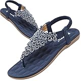 Women's Flat Sandals Bohemia Beaded Crystal Open Toe Sandal Summner Beach T-Strap Thong Comfort Slip