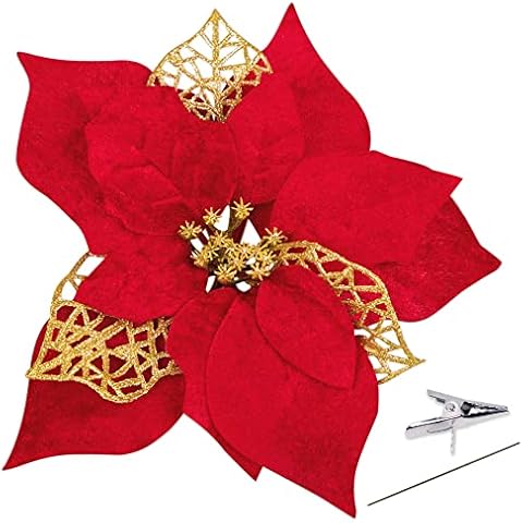 Geefuun Poinsettia Artificial Christmas Flowers Decorations Xmas Tree Ornaments Red Glitter Gold with Clips Cover