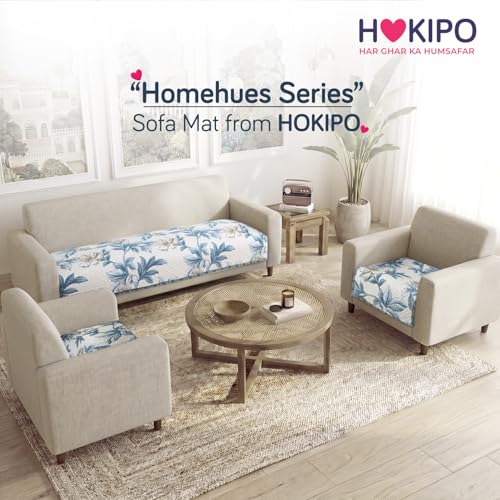 Image of HOKIPO 'Homehues Series' Printed Quilted Sofa Cover Mat for 5 Seater Set - Celadon Blue Camellia (IN-806 * 2 + IN-809 - D8)
