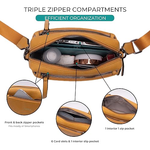 Image of Alldaily Small Triple Zip Crossbody Purse for Women, Vegan Leather Phone Bag with Wide Shoulder Strap
