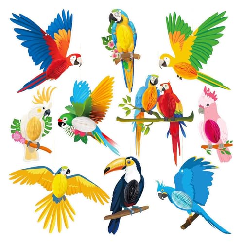 10 Stück Tropische Vogeldekoration Wabenausschnitte Hängedeko Papier Papagei für Hawaii Sommer Tropische Dschungel Geburtstag Party Dekorationen