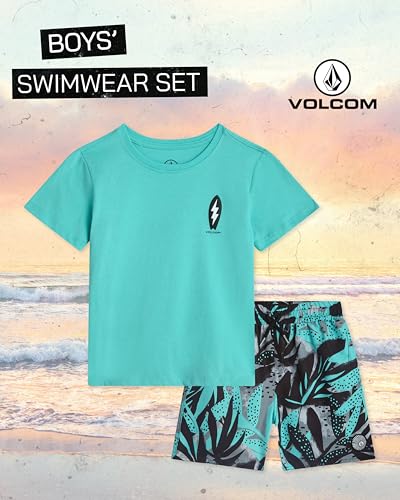 Image of Volcom Baby Boys Swim Set - 2 Piece Short Sleeve Swim Shirt Graphic Tees & Board Shorts - Infant Toddler Little Boys Swimsuit