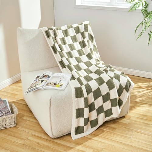 Image of CozeCube Olive Green White Reversible Checkered Knit Throw Blanket 50 inchx60 inch