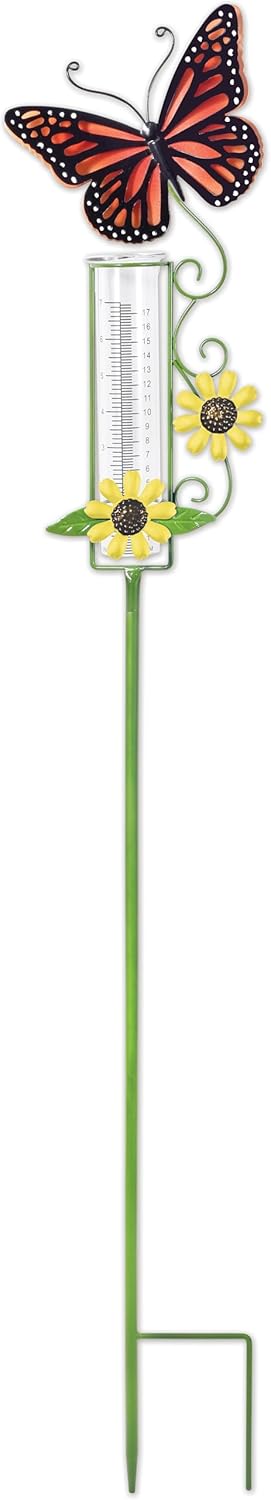Sunset Vista Designs Garden Party Collection Colorful Metal Butterfly Rain Gauge Garden Stake, 46.5-Inch, Orange