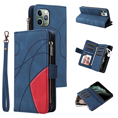 Boîtier flip iPhone 11 Pro bleu haut de gamme multi-cartes avec double sangle amovible