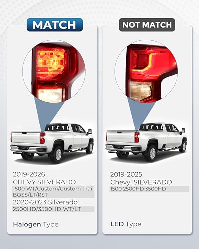 Image of Tail Lights Compatible with 2019-2026 Chevy Silverado 1500 WT /Custom /Custom Trail BOSS /LT /RST 2020-2026 Silverado 2500HD /3500HD WT /LT Taillights w /Bulbs Right Passenger Side GM2801308, 84752979