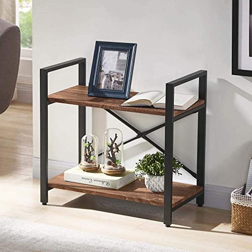 Small Industrial Bookshelf, 2 Tier Vintage Freestanding Bookcase, Modern Home Decor Metal Frame Book Shelves For Living Room, Bedroom, Home, Office (24" W X 13" D X 23" H, Rustic Brown) #TOP1