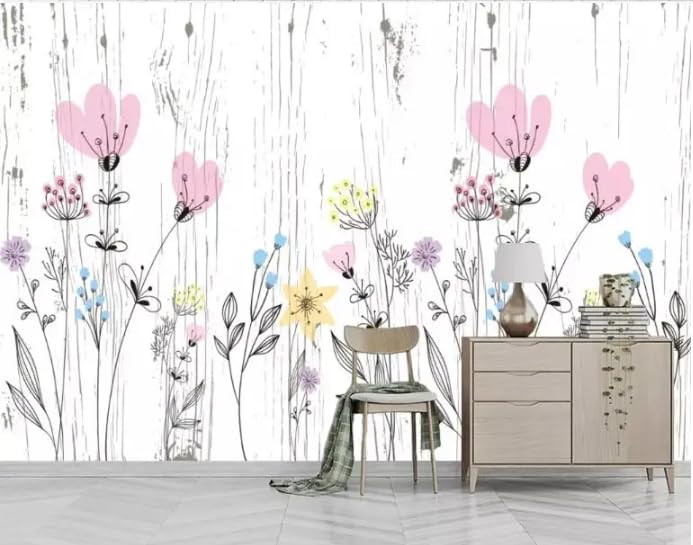 Papier peint panoramique 3D aquarelle fleurs fond bois 150x105cm