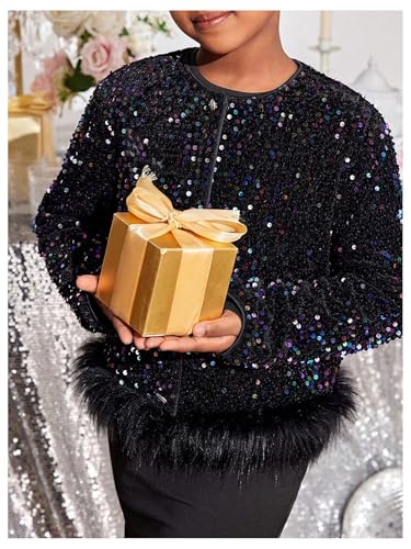 MakeMeChic Girl's Glitter Sequin Contrast Faux Fur Jacket Crew Neck Long Sleeve Button Down Y2K Party Coat4