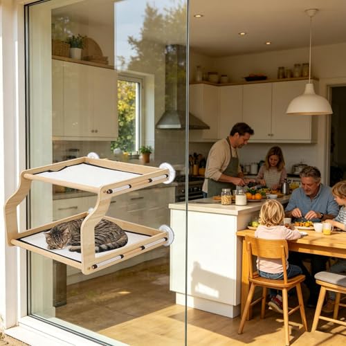 Hamaca para gatos para evitar estrés cama elevada transpirable de madera 3