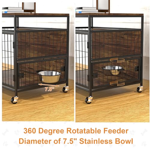 Hundekäfig mit Rädern, Robuster Beistelltisch aus Holz, Hundebox für den Innenbereich für Kleine/Mittelgroße Hunde, Doppeltüren und um 360 Grad Drehbarer Edelstahlnapf, 78,9cm L x 54,8 B x 69,8 H