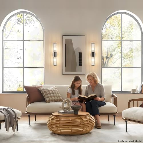 Image of Dual Sconce Vanity Set of 2, Brushed Nickel Wall Light with Clear Glass Rods Shape, Industrial Vanity Lighting for Bathroom Mirror and Modern Bedroom