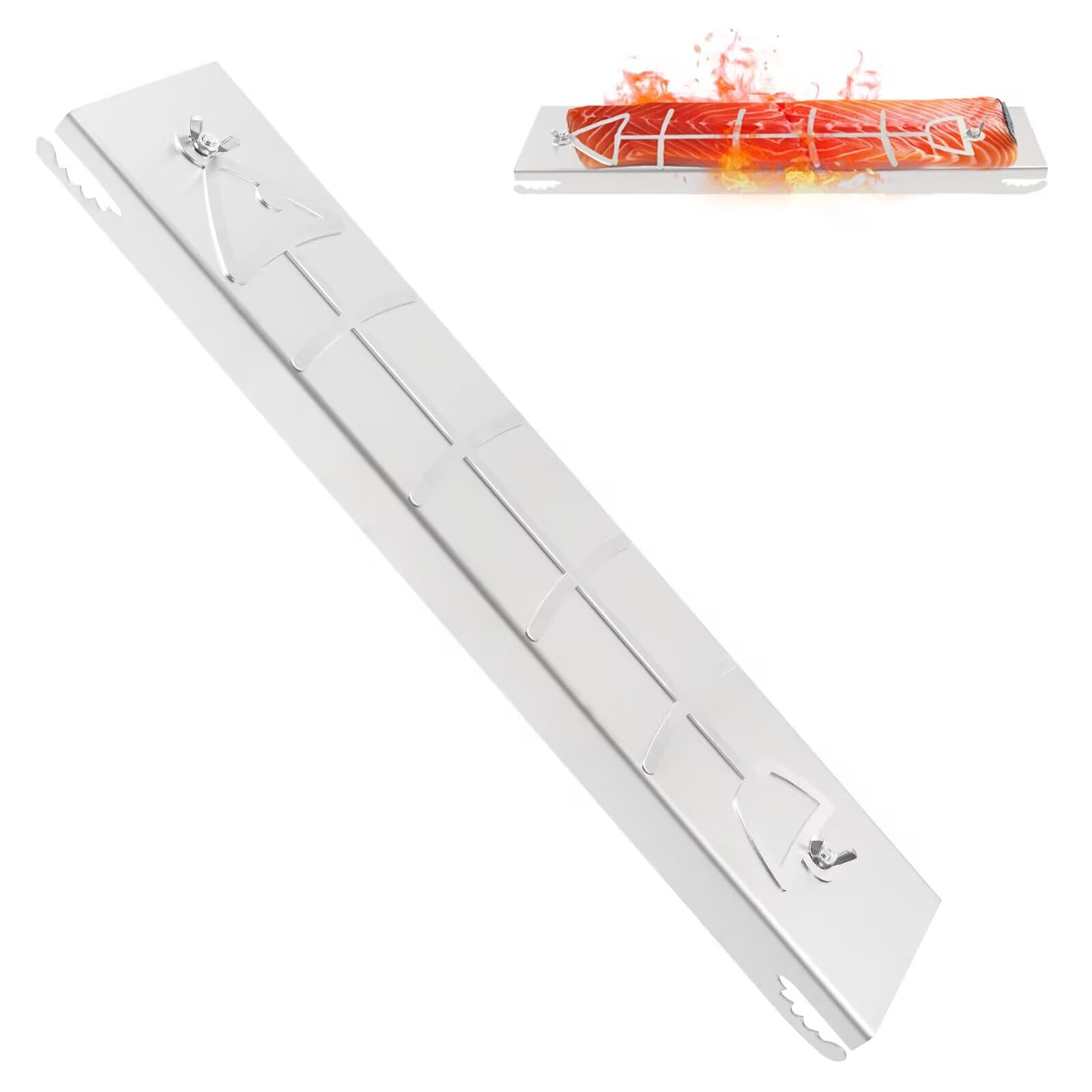 Planche à saumon flammé en acier inoxydable 52 cm x 11,7 cm x 3 cm pour braseros et barbecues