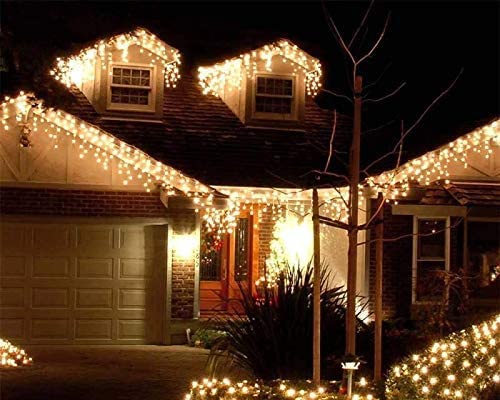Best Artificial Christmas Connectable Mains powered Icicle string Lights Outdoor Waterproof with 8 Multi-Function, Timer & Memory (Warm White, 15m)