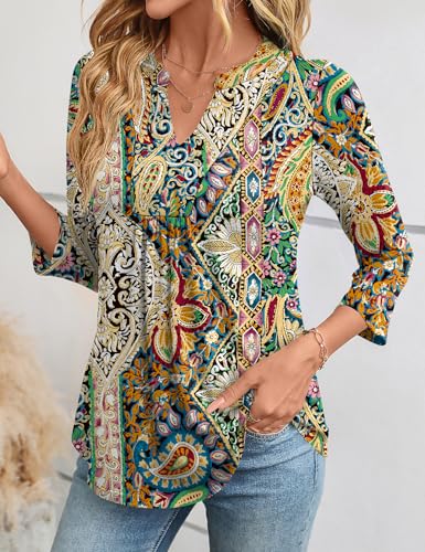 Micoson 3/4 Length Sleeve Womens Tops Fashion V Neck Blouses Dressy Casual Pleated Tunic Tops Loose Fit Work Shirts3
