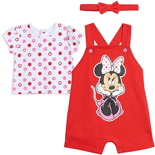Disney Minnie Mouse Baby Girls French Terry Short Overalls T-Shirt and Headband 3 Piece Outfit Set Newborn to Infant