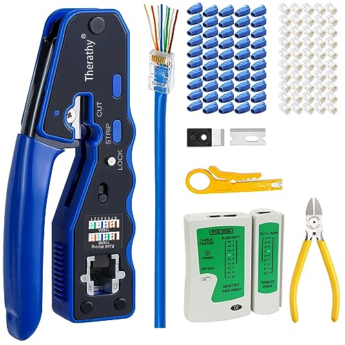 Therathy Pass Through RJ45 Crimp Tool Kit, Ethernet Crimper Kit Cat5e Cat5 CAT6 Crimping Tool Kit