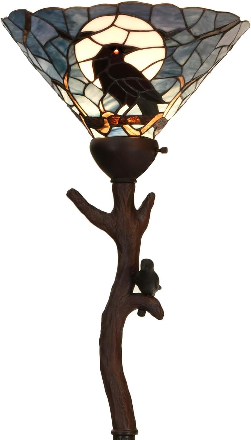 Bieye L10959 Raven Sitting on Bare Tree Branch in Full Moon Night Tiffany Style Stained Glass Torchiere Floor Lamp for Halloween Decor (Dark Blue)