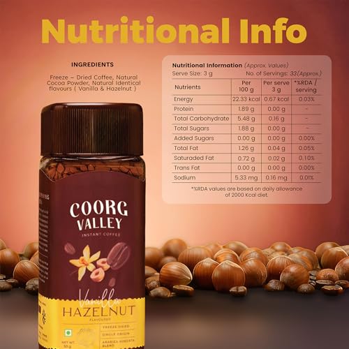 Image of Coorg Valley Vanilla Hazelnut Instant Coffee 50g | Flavoured Coffee | Premium Blend of Robusta & Arabica | Freeze Dried | Make Cafe Style Hot & Cold Coffee at Home