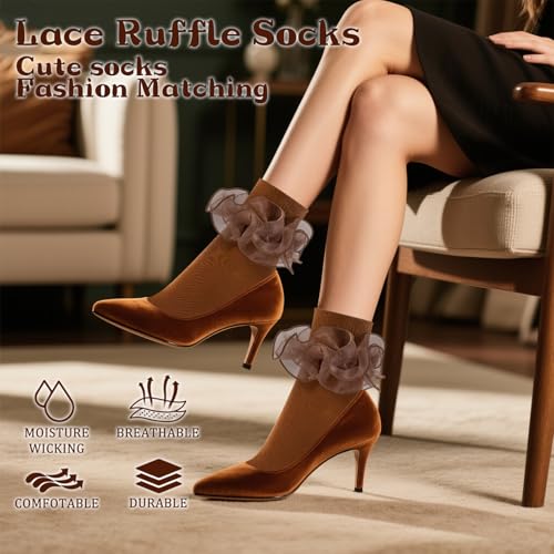 Image of Women Big Ruffle Ankle Socks Adult Double Lace Frilly Socks Fold Cuff Cotton Ruffled Dress Crew Bobby Bride Sock