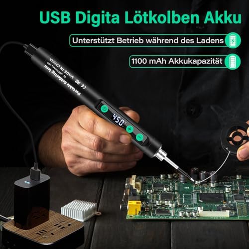 Bild 3 - Lötkolben Set mit Ständer, LCD Display Akku Lötkolben, Einstellbare Temperatur 180-450°C, 3 Lötspitzen, USB Lötstation Geeignet für Reparatur Leiterplatten, Schweißreparaturen - Schwarz