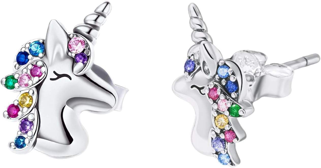 Unicorn Earrings, hypoallergenic 316L stainless steel, set with colorful AAA+ grade cubic zirconia. These petite and exquisite unicorn accessories make perfect birthday gifts for daughters, granddaughters, or nieces aged 3 to 12.