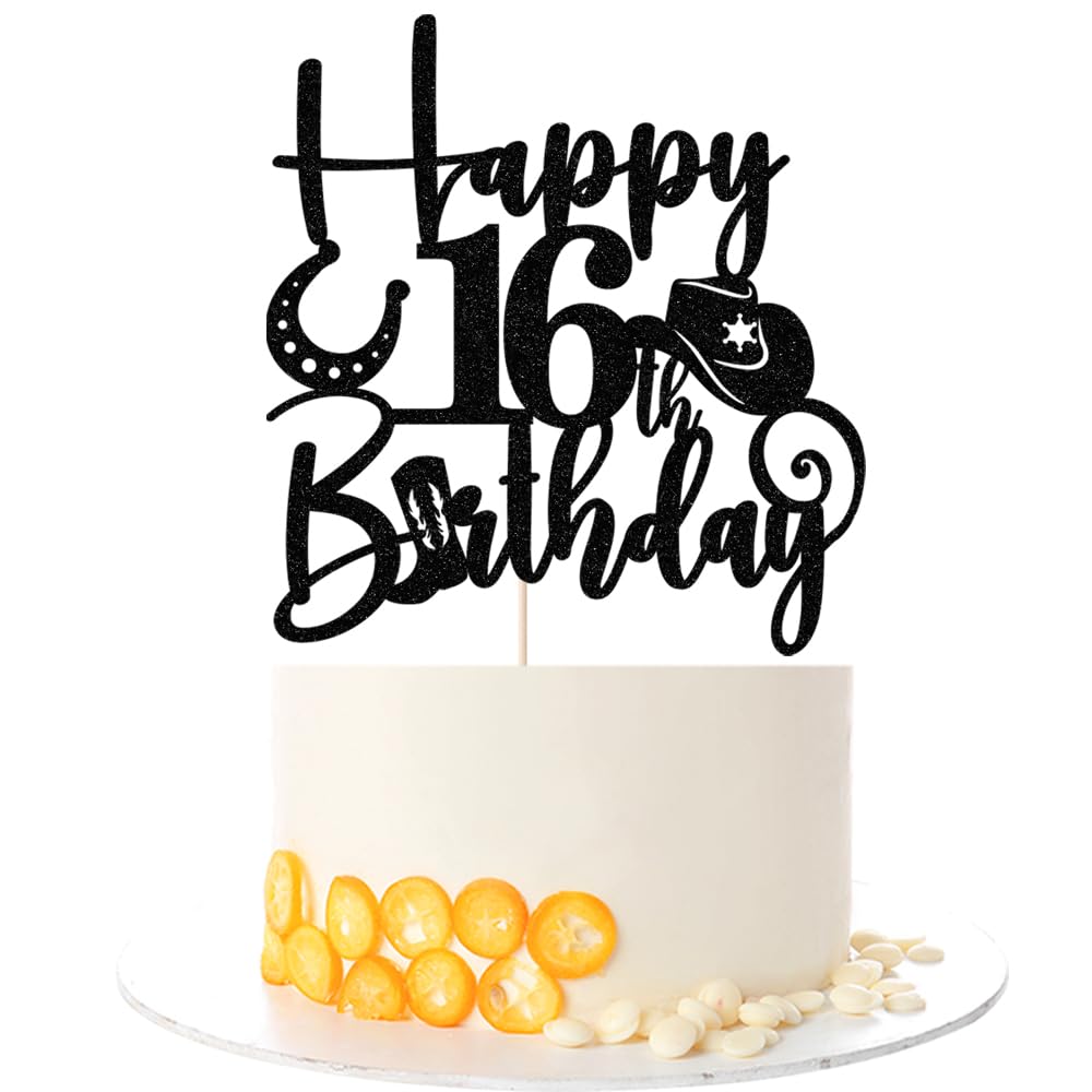 Kaoenla Glitter Black "Happy 16th Birthday" Cowboy Themed Cake Topper - Western Style Party Decoration for 16th Birthday & anniversary Celebration