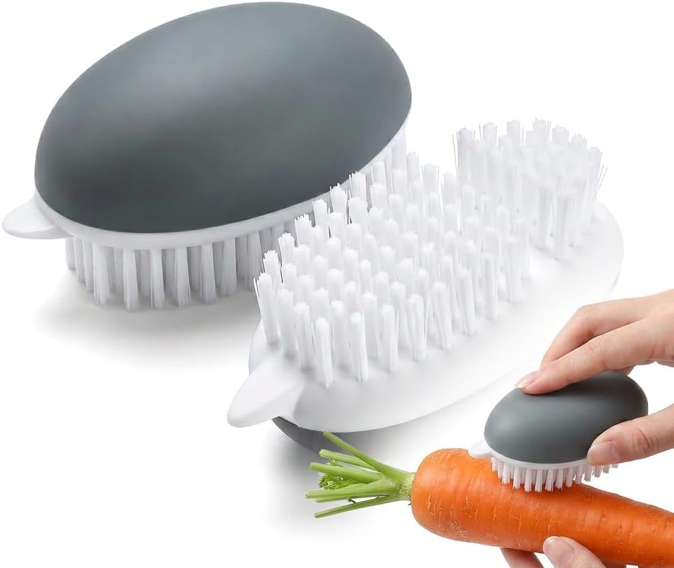 2 Pack Potato Scrubber and Vegetable Brush Set, Dual Bristle Kitchen Cleaning Brush with Ergonomic Non-Slip Handle, Integrated Potato Eye Remover for Fruit & Veggie Prep