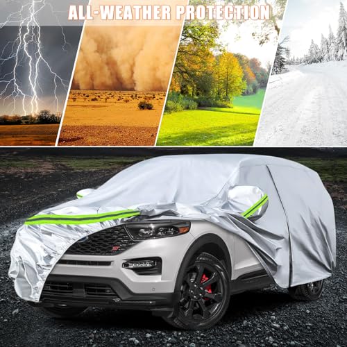 Image of Waterproof Car Covers Replace for 2011-2025 Ford Explorer, 6 Layers Silver All Weather Car Cover with Zipper Door & Windproof Bands for Snow Rain Dust Hail Protection