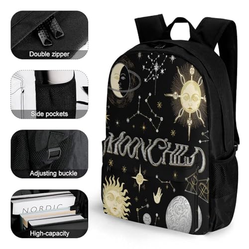 Men Women Polyester Sun Moon Stars Space Celestial Illustration Daypack Big Capacity Shoulder Bag With Smooth Zippers for Hiking Work Walking Cycling3