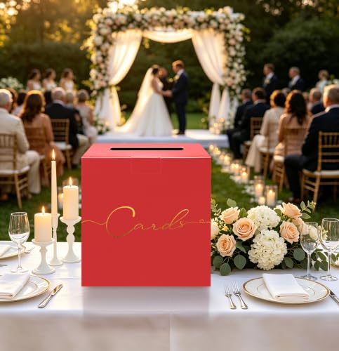 Image of HEIPINIUYE Red Wedding Card Box with Gold Foil 9.8 inch x 9.8 inch Red Large Gift Card Box for Party Wedding Reception Graduation Birthday Baby Shower Cardboard Raffle Envelope Box with Slot