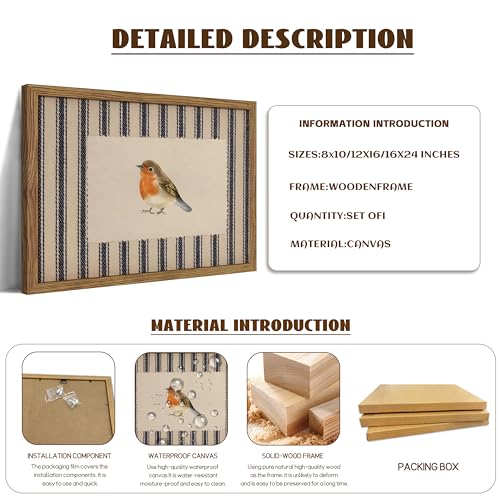 Image of Framed Robin Bird Wall Art, Striped Nature Watercolor Canvas Print, Country Farmhouse Wall Decor, Vintage Cottagecore Animal Picture Artwork for Living Room Bedroom Bathroom 8x10 inch