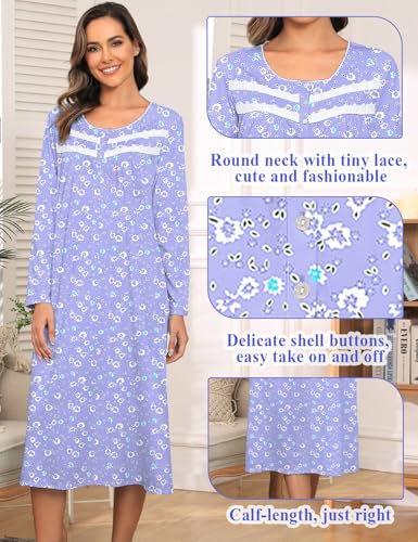 Image of IZZY + TOBY Nightgowns for Women Long Sleeve Soft Cotton Long Warm Nightdress Kintted Night Gown