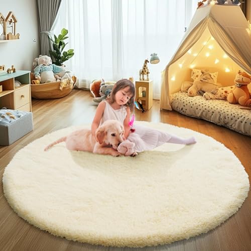 Fluffy Round Area Rugs for Bedroom,Ivory 3'X3'Shag Circle Area Rugs for Girls Room,Non Slip Fuzzy Plush Rug for Kids Room Living Room and Dorm Home Rug