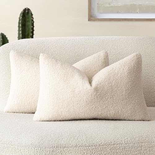 Image of Foindtower Pack of 2, Curly Faux Fur Decorative Throw Pillow Covers Soft Fuzzy Plush Cushion Case with Zipper Cozy Pillowcase for Home Living Room Couch Bed Sofa 12 x 20 Inch,Light Ivory