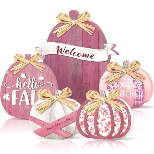 GlikCeil 5 Pcs Fall Pink Pumpkin Decor for Home Thanksgiving Wooden Table Centerpiece Decorations Fall Wooden Pumpkin Signs for Autumn Farmhouse Home Living Room Kitchen Mantle Tabletop Supplies