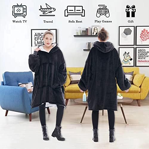 Sherpa Fluffle Blanket Sweatshirt,Super Soft Warm Comfortable Plush Blanket Hoodie Winter Reversible Hooded Robe Pullover with Large Front Pocket for Boys Girls,One Size Fits All 110*95cm (Black)