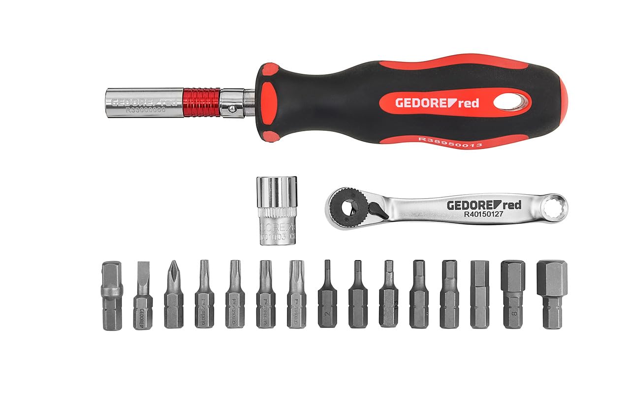 GEDORE red Outils de vélo professionnels pour atelier, 25 pièces, Clé à molette, Tournevis porte-embout 1/4", Outils vélo multifonctions avec sacoche