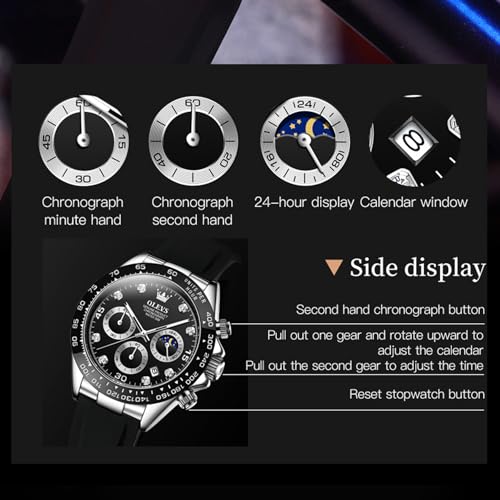 Image of OLEVS Men's Watch Analog Chronograph Waterproof Multifunctional Diamond Sports Silicone Strap Moon Phase Quartz Night Light Men's Watch
